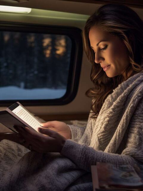 Eine Frau liest eingekuschelt in eine Decke im Wohnmobil auf einem Tablet.
