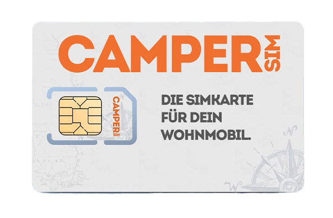 Eine weiße SIM-Karte mit oranger Aufschrift CAMPER SIM