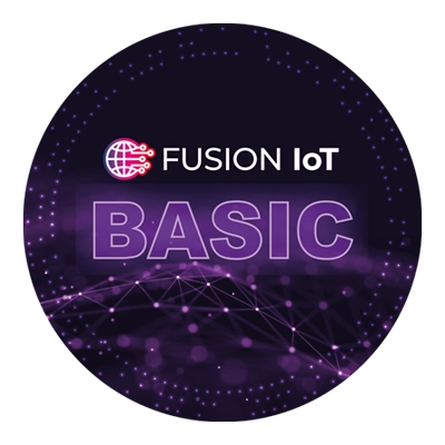 Kreisrundes Siegel mit der Aufschrift FUSION IoT Basic, Symbol für einen der FUSION IoT M2M Tarife