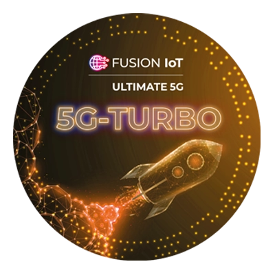 Kreisrundes Siegel mit der Aufschrift FUSION IoT Ultimate 5G Turbo, Symbol für einen der FUSION IoT M2M Tarife