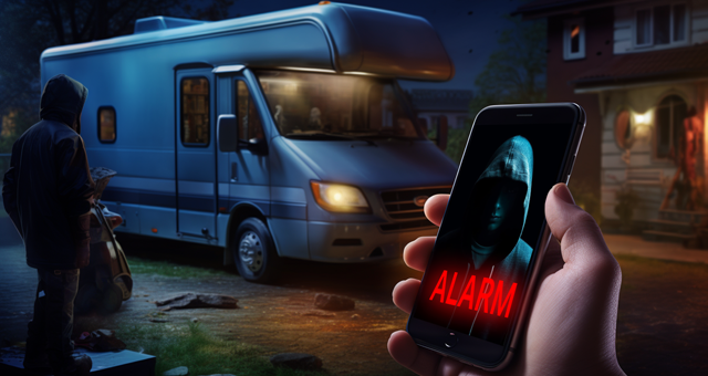 Ein Einbrecher der sich einem Wohnmobil nähert. In der Front des Bildes wird eine Hand gezeigt, die ein Smartphone hält, auf dem ein Alarm erscheint.