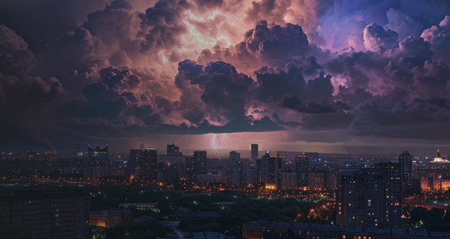 Eine Stadt mit vielen Wolkenkratzern über die dunkle Gewitterwolken ziehen und vereinzelte Blitze aufhellen