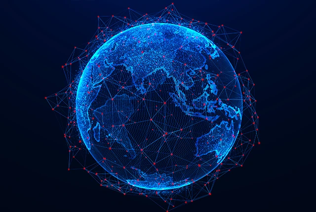 Eine digitale blaue Weltkugel mit vielen roten Punkten die durch Linien miteinander vernetzt sind.