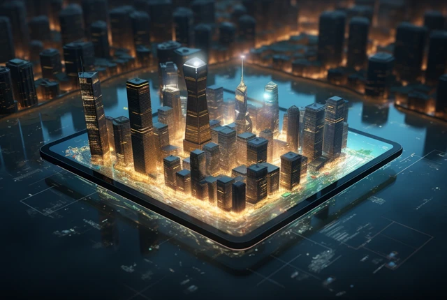 Ein Tablet auf dem ein Hologramm einer digitalen Stadt erscheint.