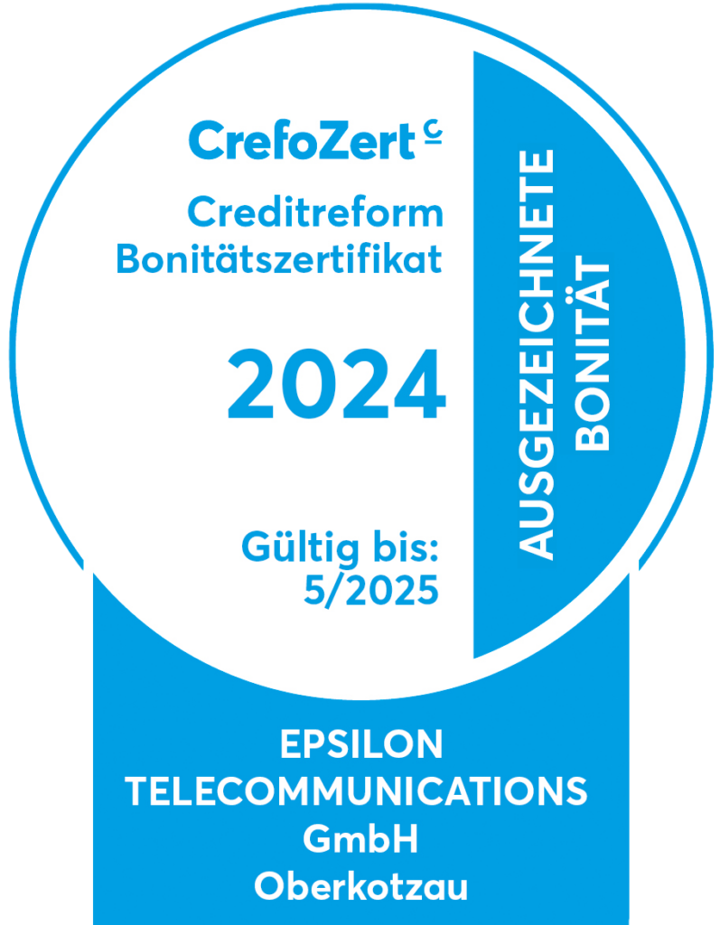 Zertifikat von CrefoZert über die ausgezeichnete Bonität 2024 der Epsilon telcommunications GmbH, gültig bis 5/2025